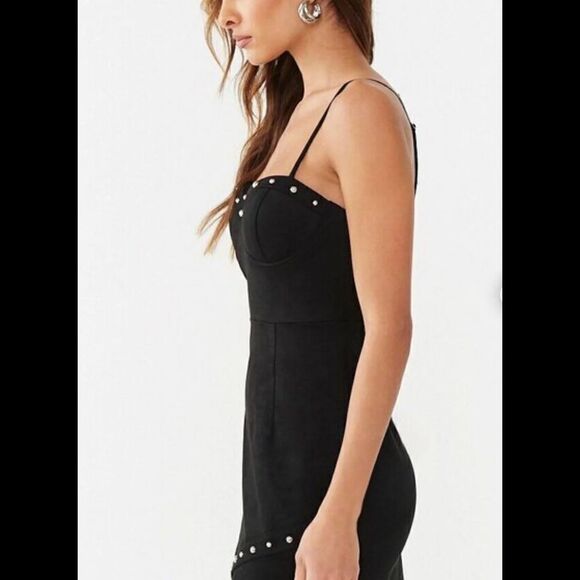 NWT~Black Faux Suede Gold Studded Cami Mini Dress - Picture 3 of 6